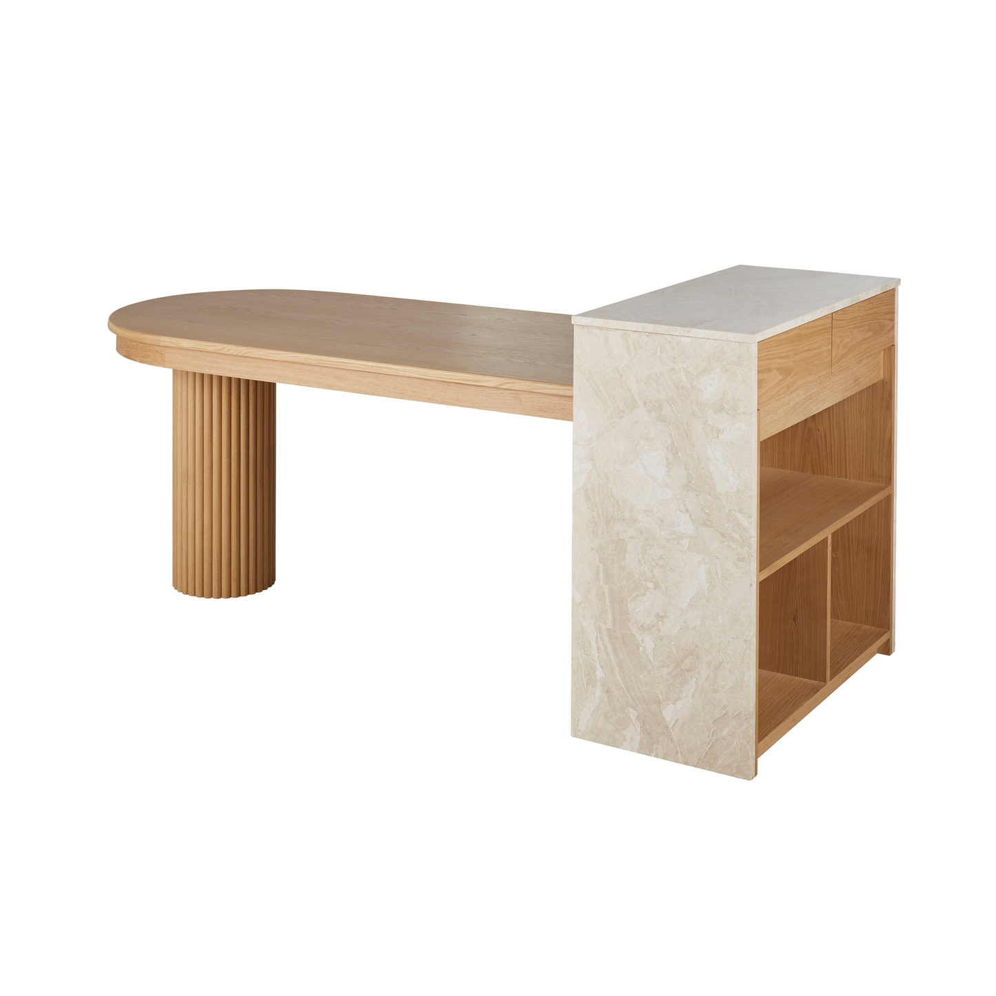 Îlot Central Cuisine Japandi 2 Tiroirs 1 Étagère 2 Niches Pied en Marbre Blanc – Travine
