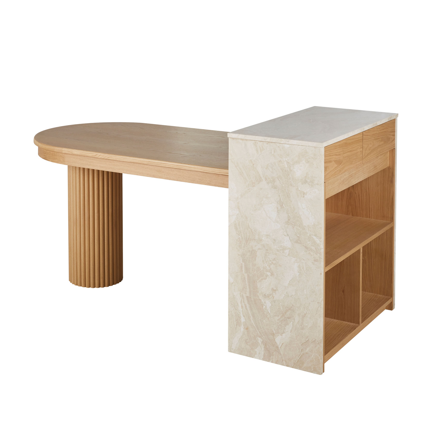 Îlot Central Cuisine Japandi 2 Tiroirs 1 Étagère 2 Niches Pied en Marbre Blanc – Travine