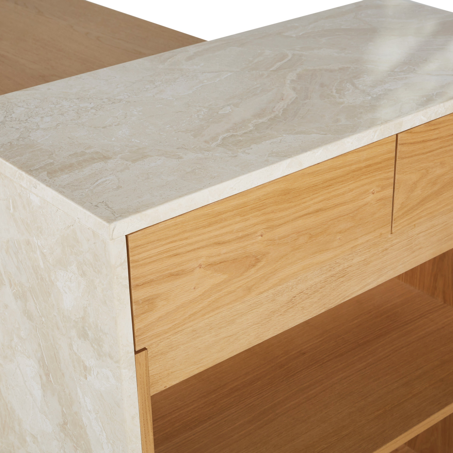 Îlot Central Cuisine Japandi 2 Tiroirs 1 Étagère 2 Niches Pied en Marbre Blanc – Travine