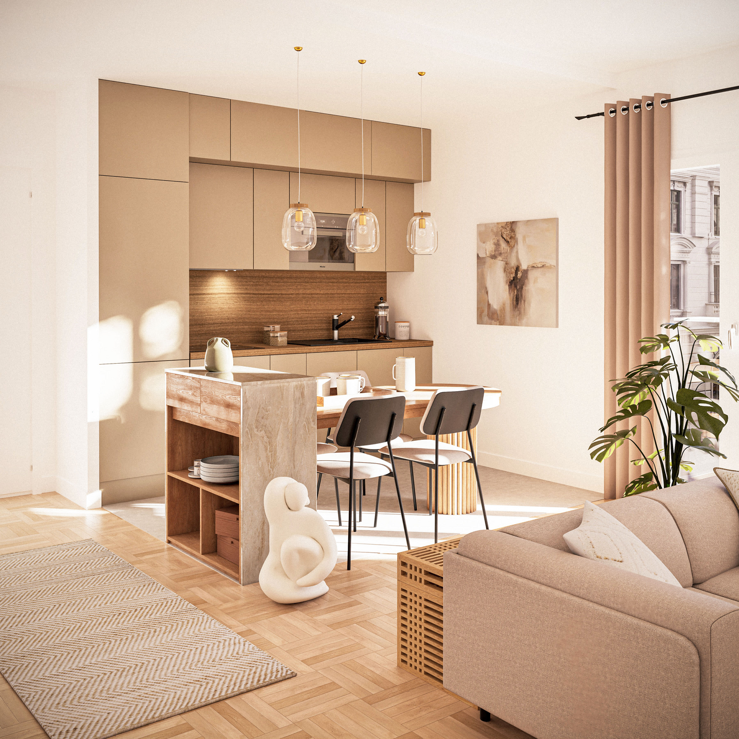 Îlot Central Cuisine Japandi 2 Tiroirs 1 Étagère 2 Niches Pied en Marbre Blanc – Travine