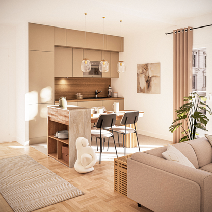 Îlot Central Cuisine Japandi 2 Tiroirs 1 Étagère 2 Niches Pied en Marbre Blanc – Travine
