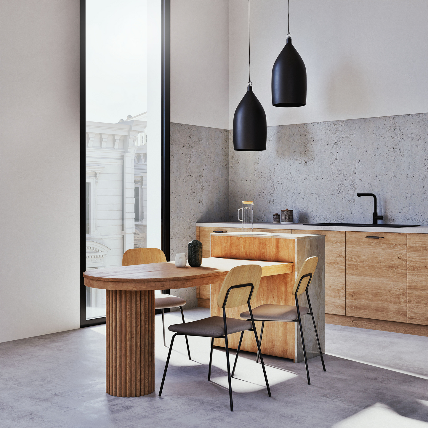 Îlot Central Cuisine Japandi 2 Tiroirs 1 Étagère 2 Niches Pied en Marbre Blanc – Travine
