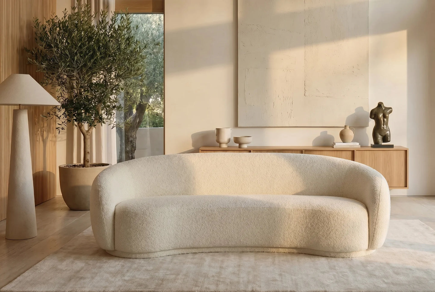 Canapé Japandi Arrondi Bouclette Beige 3 Places - Bovana