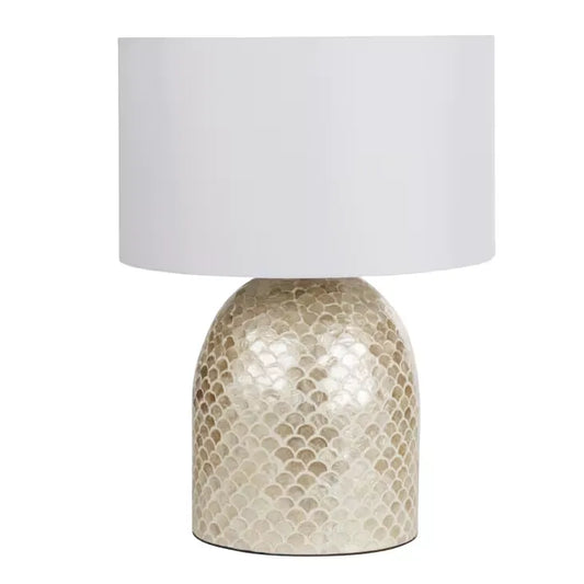 Lampe Japandi Nacre Dorée & Bambou Abat-jour Lin Blanc – Nacrea