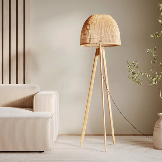 Lampadaire Japandi Trépied Rotin & Teck Massif – Corte
