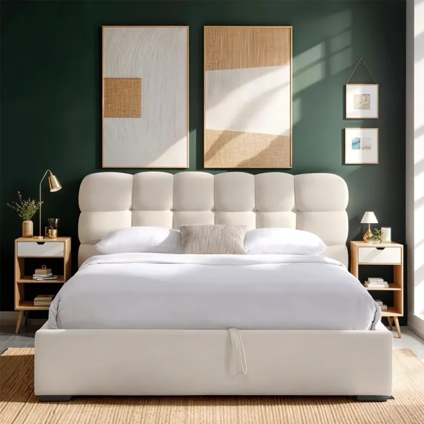 Lit Japandi 180x200 Coffre Velours Beige – Lola