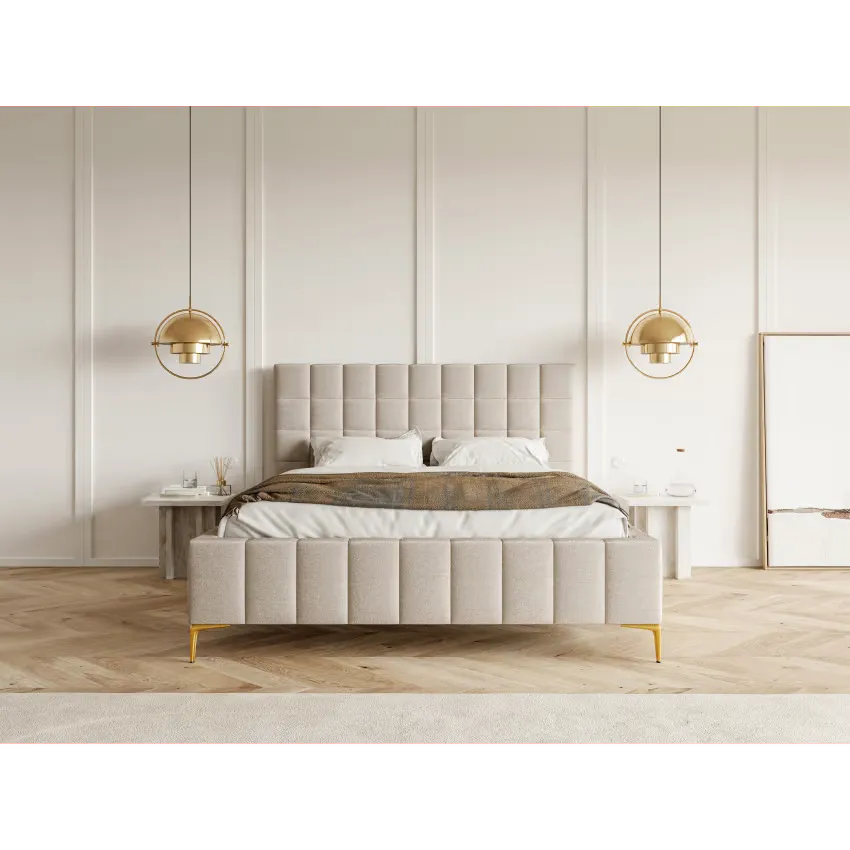 Lit Japandi 140x200 Tissu Chenille Grège – Szejlo