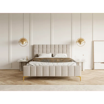 Lit Japandi 140x200 Tissu Chenille Grège – Szejlo