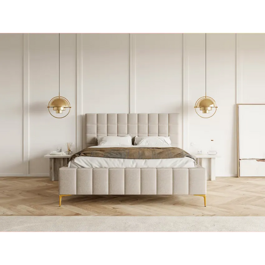 Lit Japandi 140x200 Tissu Chenille Grège – Szejlo