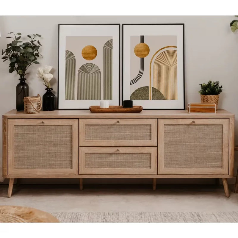 Meuble TV Japandi Cannage & Effet Bois 175 cm – Padang