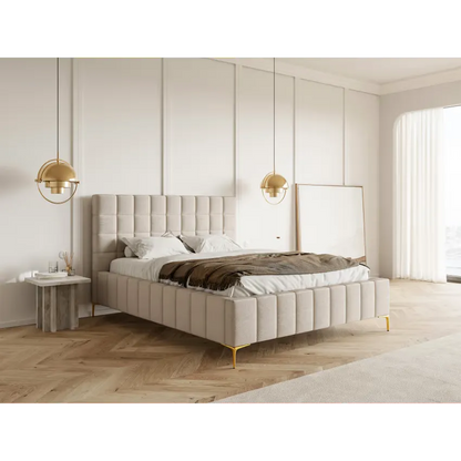 Lit Japandi 140x200 Tissu Chenille Grège – Szejlo