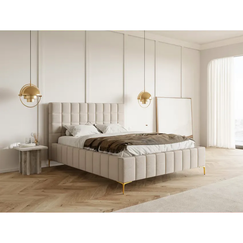 Lit Japandi 140x200 Tissu Chenille Grège – Szejlo