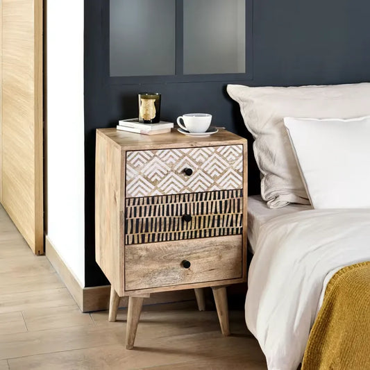 Table de chevet Japandi Bois 3 tiroirs Motif – Tali