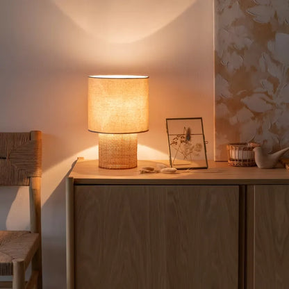 Lampe Japandi Rotin Tressé & Polyester Recyclé Beige – Karven