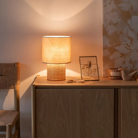 Lampe Japandi Rotin Tressé & Polyester Recyclé Beige – Karven