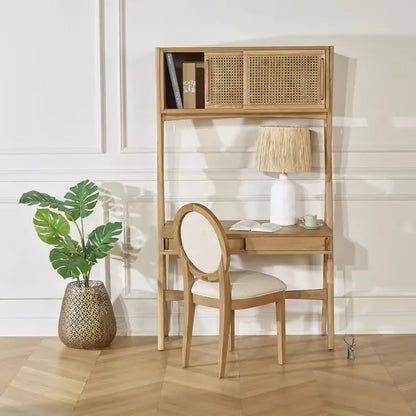 Bureau Japandi Étagère Chêne & Cannage 1 tiroir Clair – Kitty