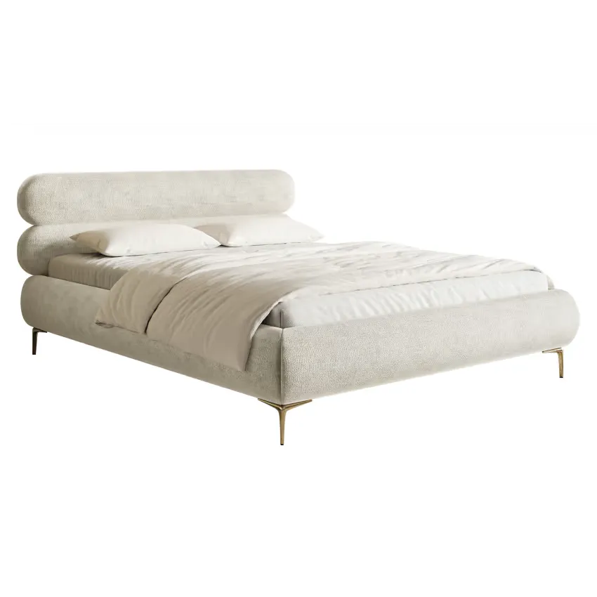 Lit Japandi 160x200 Coffre Chenille Grège & Pieds Dorés – Roule