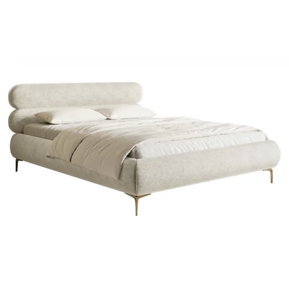 Lit Japandi 160x200 Coffre Chenille Grège & Pieds Dorés – Roule