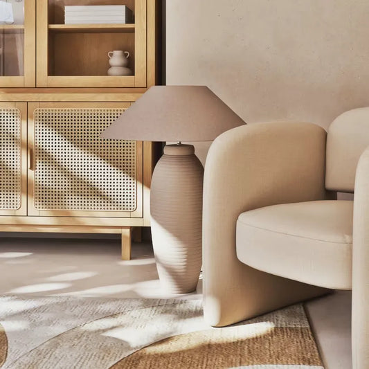 Lampe Japandi Céramique Striée & Abat-jour Beige Crème – Seban