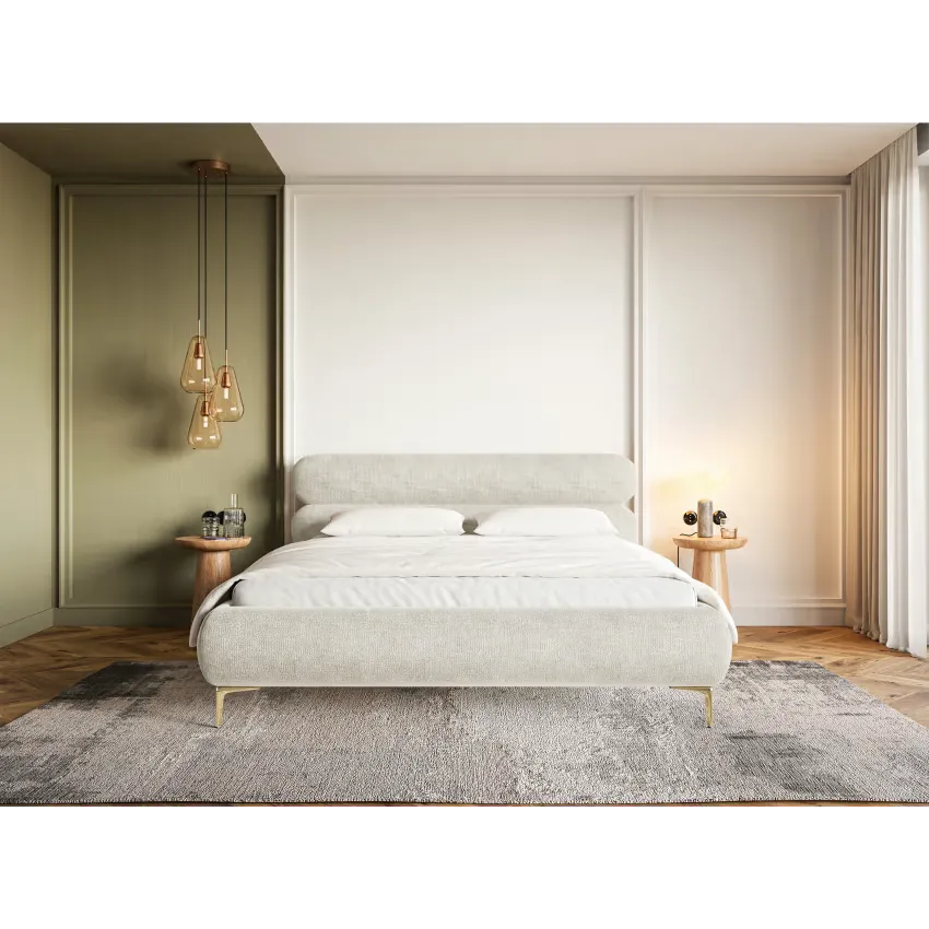 Lit Japandi 160x200 Coffre Chenille Grège & Pieds Dorés – Roule