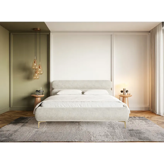 Lit Japandi 160x200 Coffre Chenille Grège & Pieds Dorés – Roule