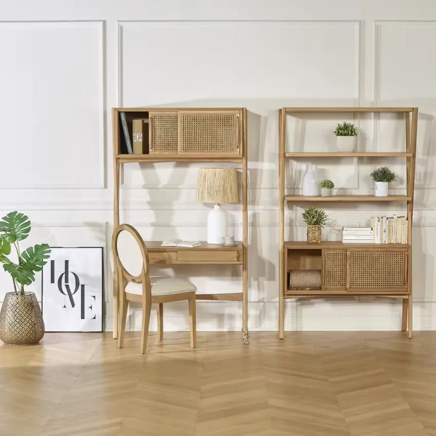 Bureau Japandi Étagère Chêne & Cannage 1 tiroir Clair – Kitty