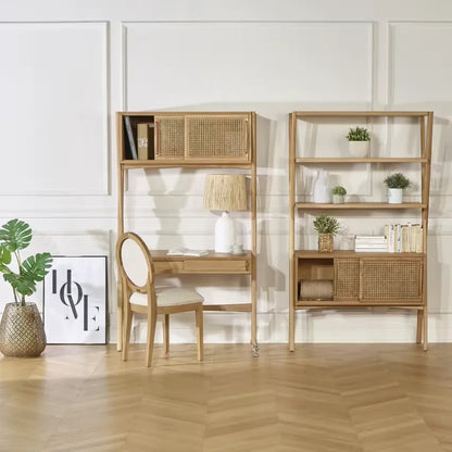 Bureau Japandi Étagère Chêne & Cannage 1 tiroir Clair – Kitty
