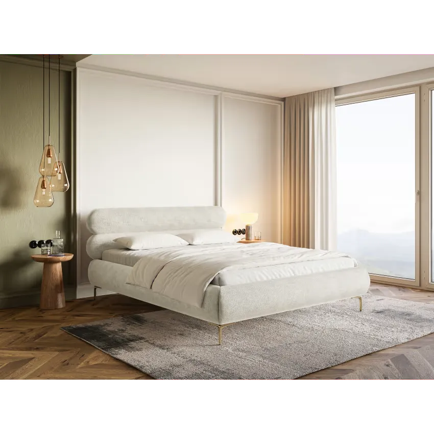 Lit Japandi 160x200 Coffre Chenille Grège & Pieds Dorés – Roule