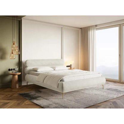 Lit Japandi 160x200 Coffre Chenille Grège & Pieds Dorés – Roule