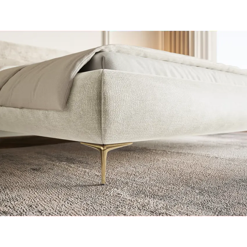 Lit Japandi 160x200 Coffre Chenille Grège & Pieds Dorés – Roule