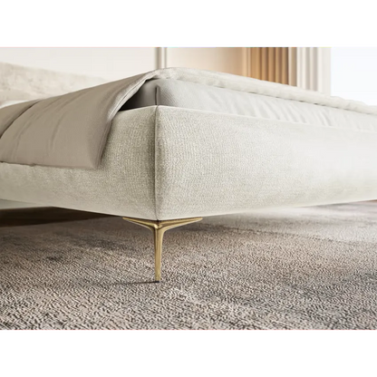 Lit Japandi 160x200 Coffre Chenille Grège & Pieds Dorés – Roule