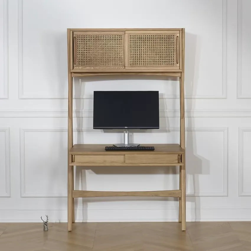 Bureau Japandi Étagère Chêne & Cannage 1 tiroir Clair – Kitty