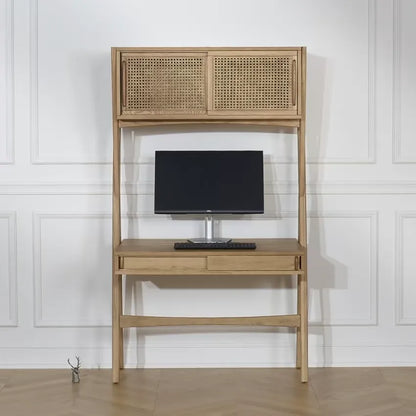 Bureau Japandi Étagère Chêne & Cannage 1 tiroir Clair – Kitty