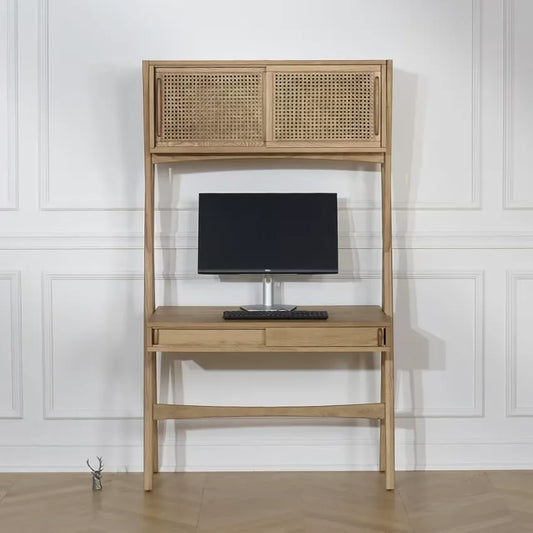 Bureau Japandi Étagère Chêne & Cannage 1 tiroir Clair – Kitty