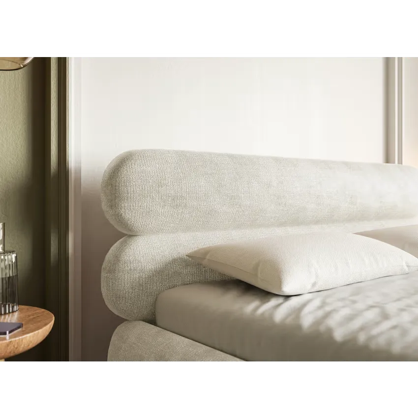 Lit Japandi 160x200 Coffre Chenille Grège & Pieds Dorés – Roule