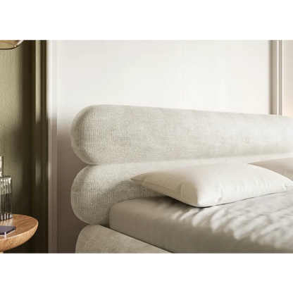 Lit Japandi 160x200 Coffre Chenille Grège & Pieds Dorés – Roule