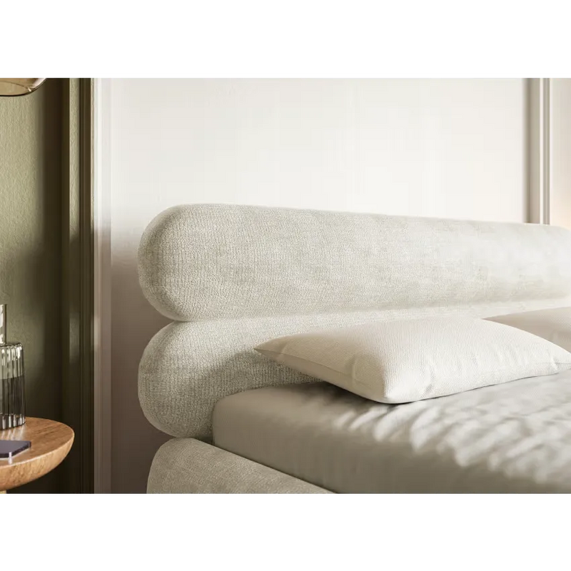 Lit Japandi 160x200 Coffre Chenille Grège & Pieds Dorés – Roule