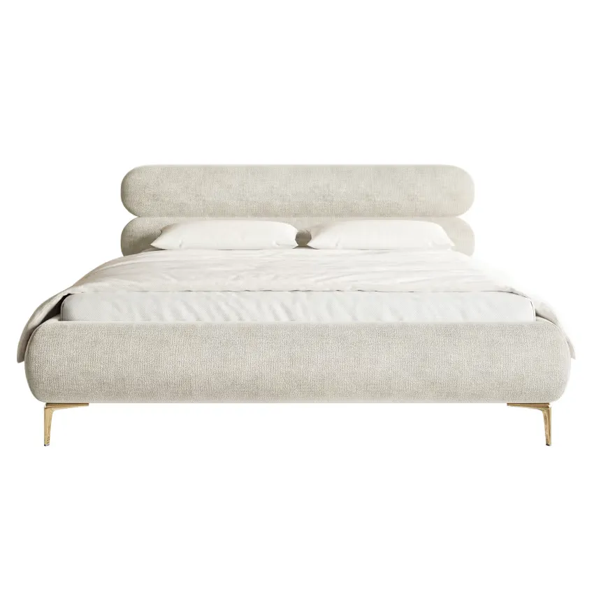 Lit Japandi 160x200 Coffre Chenille Grège & Pieds Dorés – Roule