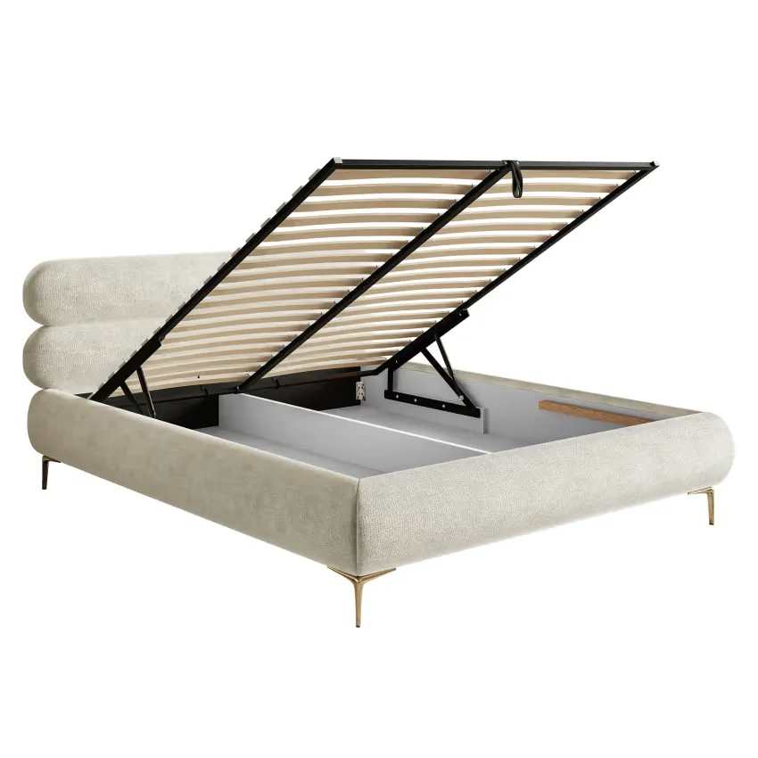 Lit Japandi 160x200 Coffre Chenille Grège & Pieds Dorés – Roule