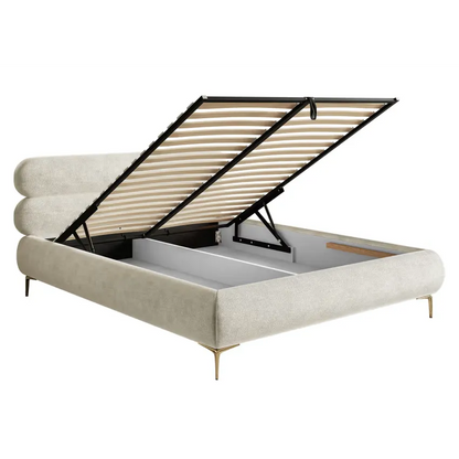 Lit Japandi 160x200 Coffre Chenille Grège & Pieds Dorés – Roule