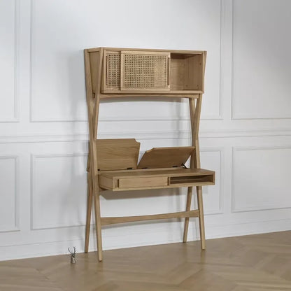 Bureau Japandi Étagère Chêne & Cannage 1 tiroir Clair – Kitty