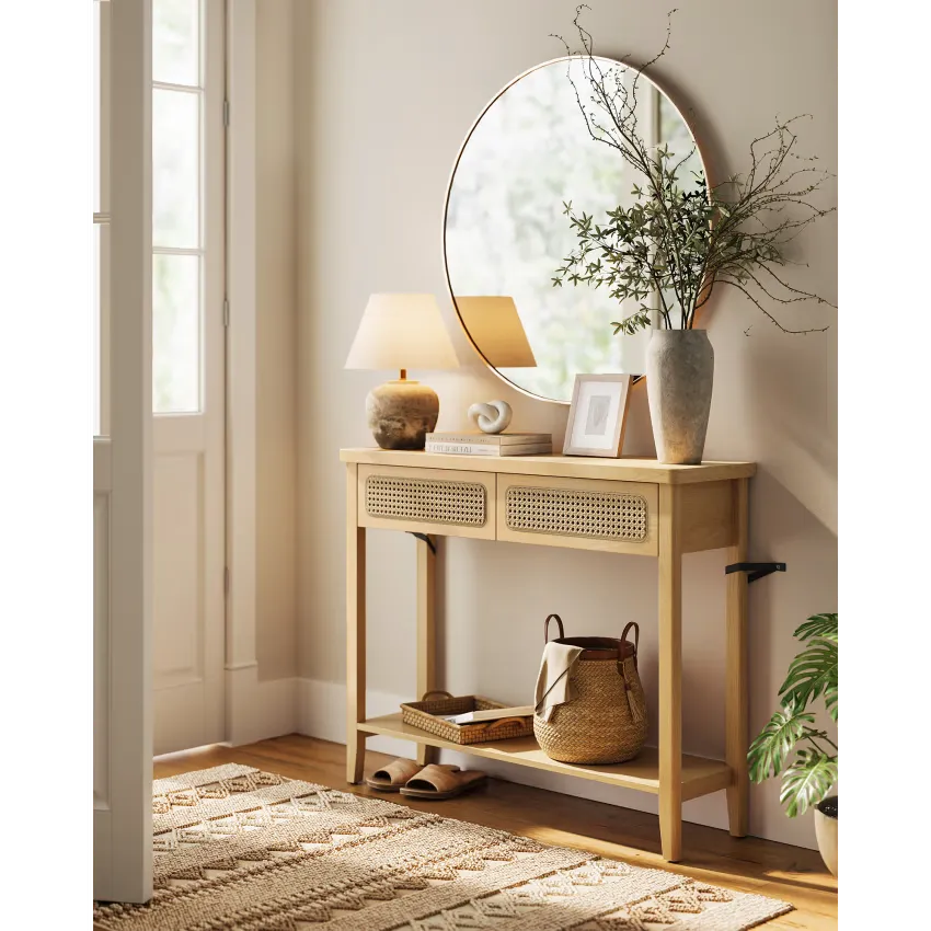 Console Japandi Beige 2 tiroirs & étagère ouverte – Niva