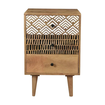 Table de chevet Japandi Bois 3 tiroirs Motif – Tali