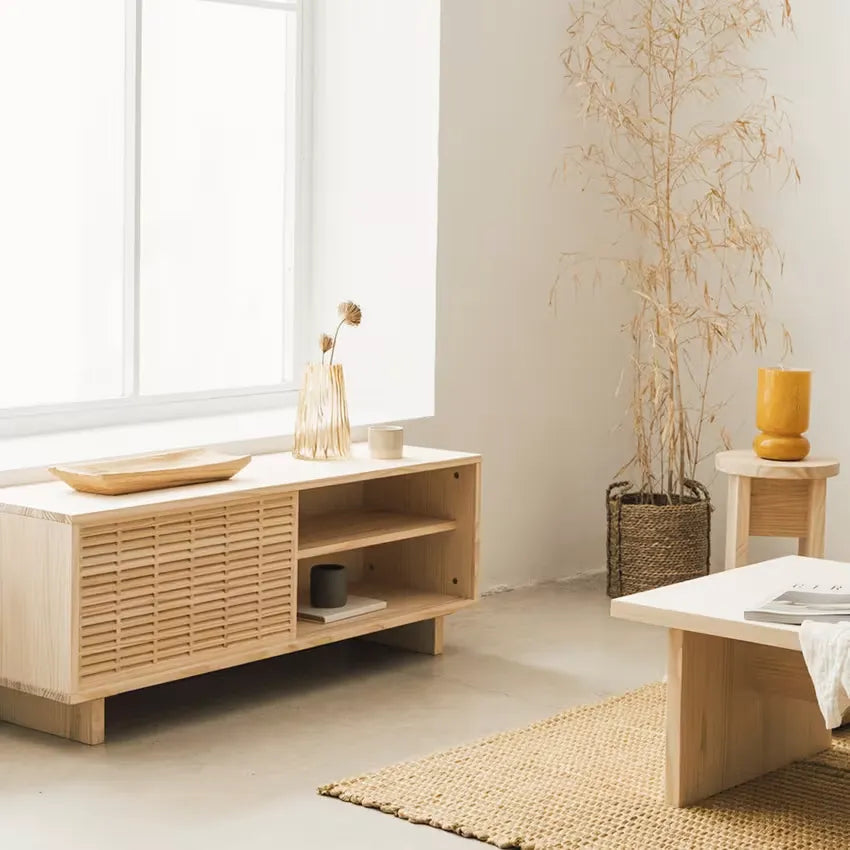 Meuble TV Japandi Pin Massif Naturel 120 cm – Moraira