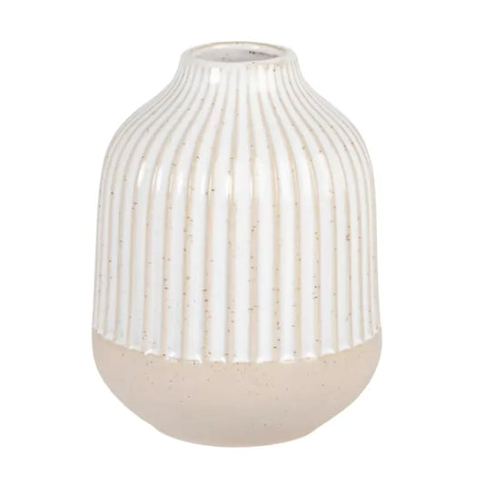 Vase Japandi Grès Blanc & Strié Beige H12 – Yvon