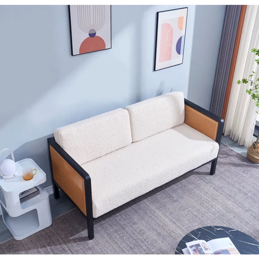 Canapé Japandi 2-3 Places Cannage & Bouclette Blanche – Naho