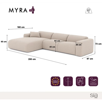 Canapé Japandi Grand Angle Gauche Velours Motifs Crème – Myra