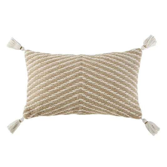 Coussin Japandi Coton Recyclé Beige Pompons 30×50 – Caland