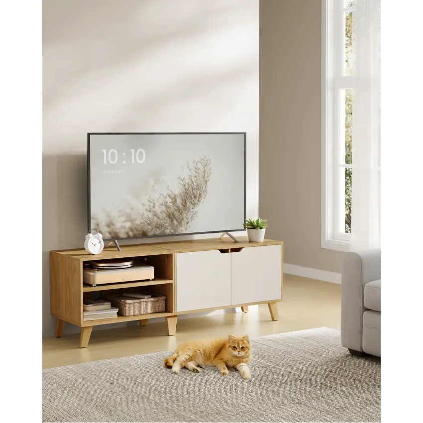 Meuble TV Japandi 2 Portes Chêne Naturel & Blanc Crème 140 cm – Liero