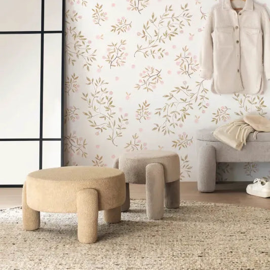 Pouf Japandi Bouclette Beige avec Pieds Tapissés – Lapi